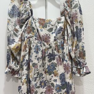 Cream and Blue Puff Sleeve Ruched Blouse